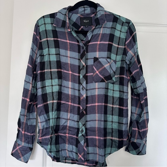 Rails (XS) Hunter Plaid Button Down Shirt: Teal/Navy Relaxed Fit Longsleeve Top - Picture 2 of 8
